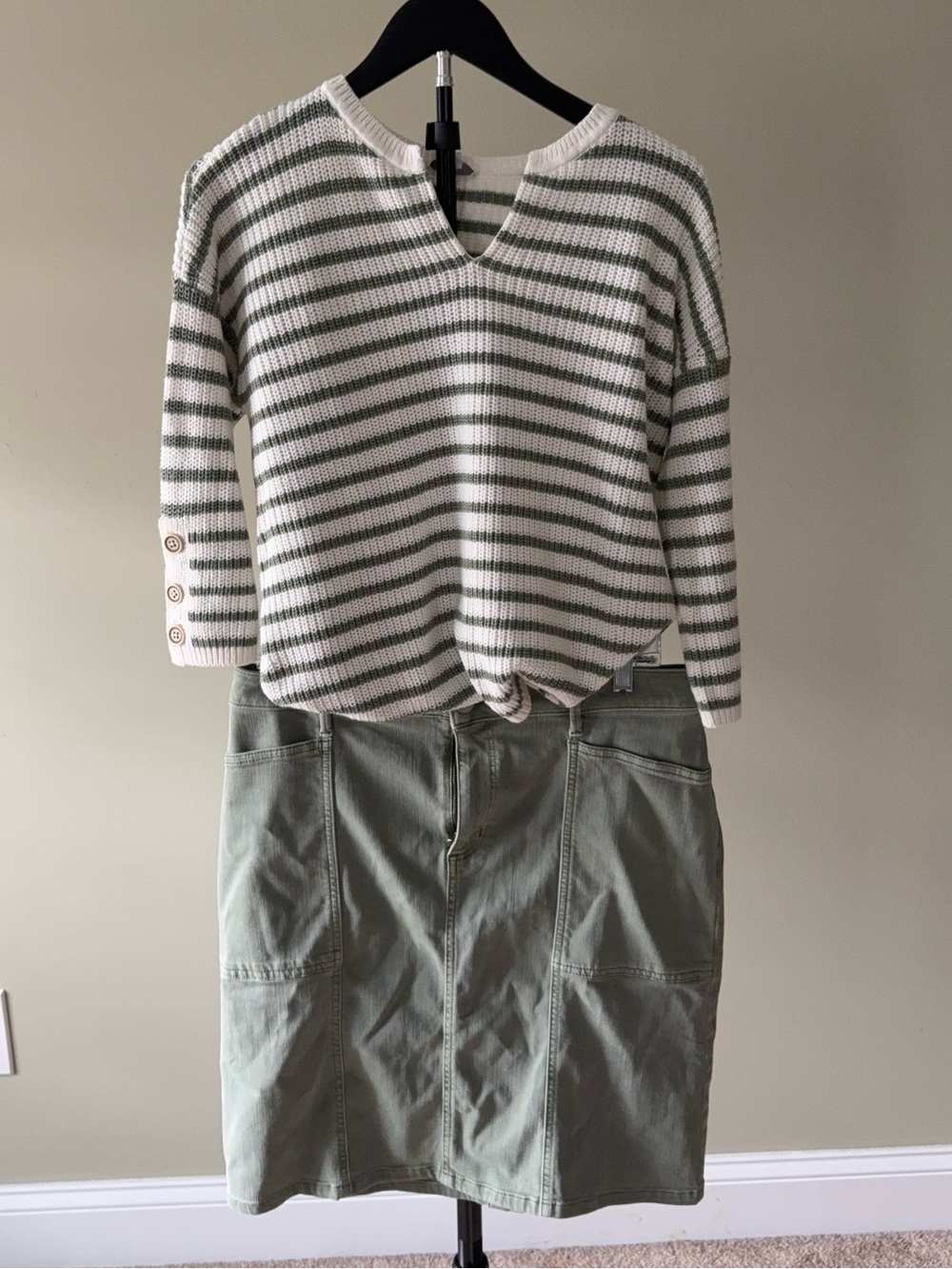 NWT J.Jill Set: Olive Stripe Sweater (21" P2P) Olive Utility Skirt (Sz 10)